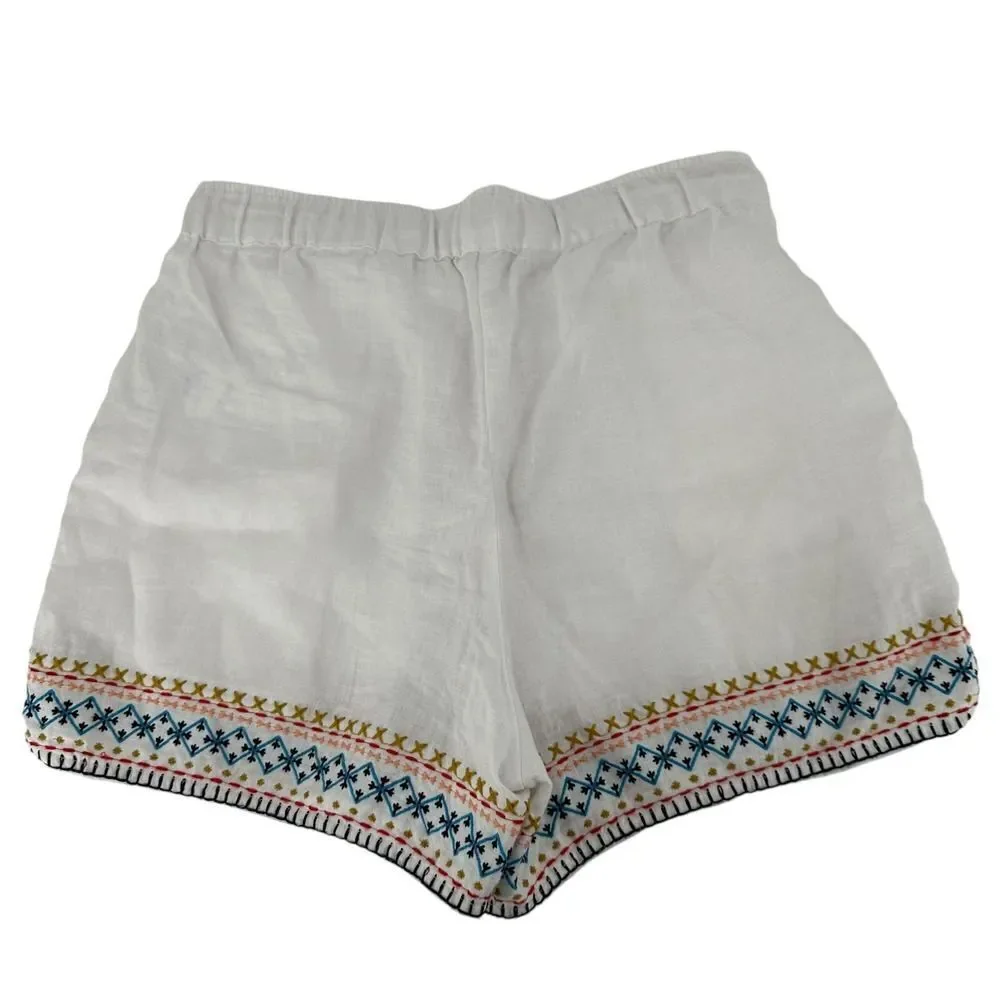 Artisan NY Linen Shorts White Embroidered Bohemian Tassel Size S Elastic Waist